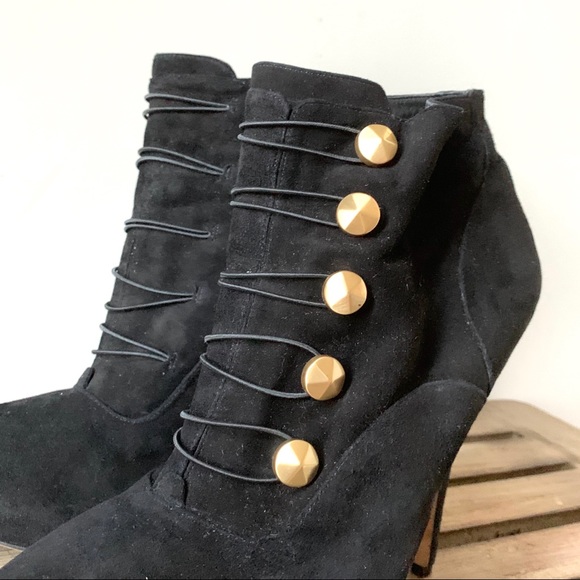 Vince Camuto Black Dolly Suede Booties Gold Button - Picture 2 of 7